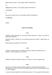 Darilna pogodba za denar - S to darilno pogodbo darovalec podari obdarjencu denar.

Sama sklenitev pisne pogodbe ni obvezna za obstoj darila, je pa sklenitev priporočljiva predvsem za kasnejše dokazovanje (denimo v primeru dedovanja) da je darilo dejansko obstajalo.

V primeru, da gre za darilo med zakoncema (ali zunajzakonskima partnerjema), mora biti pogodba sklenjena v obliki notarskega zapisa.